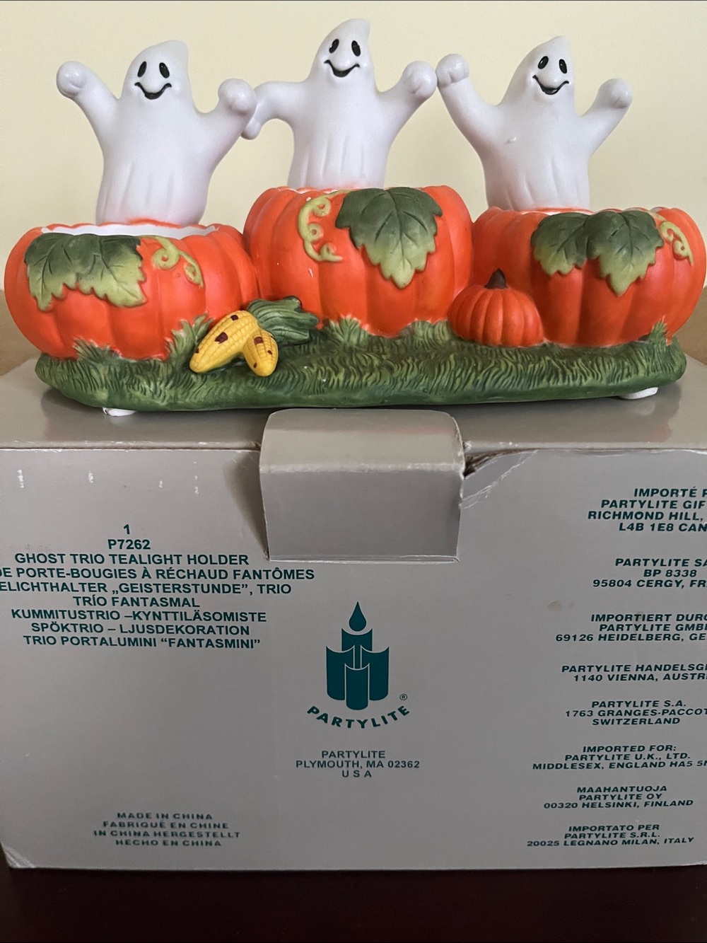 Retired PartyLite White Ghosts in Orange Pumpkin Tealight Trio